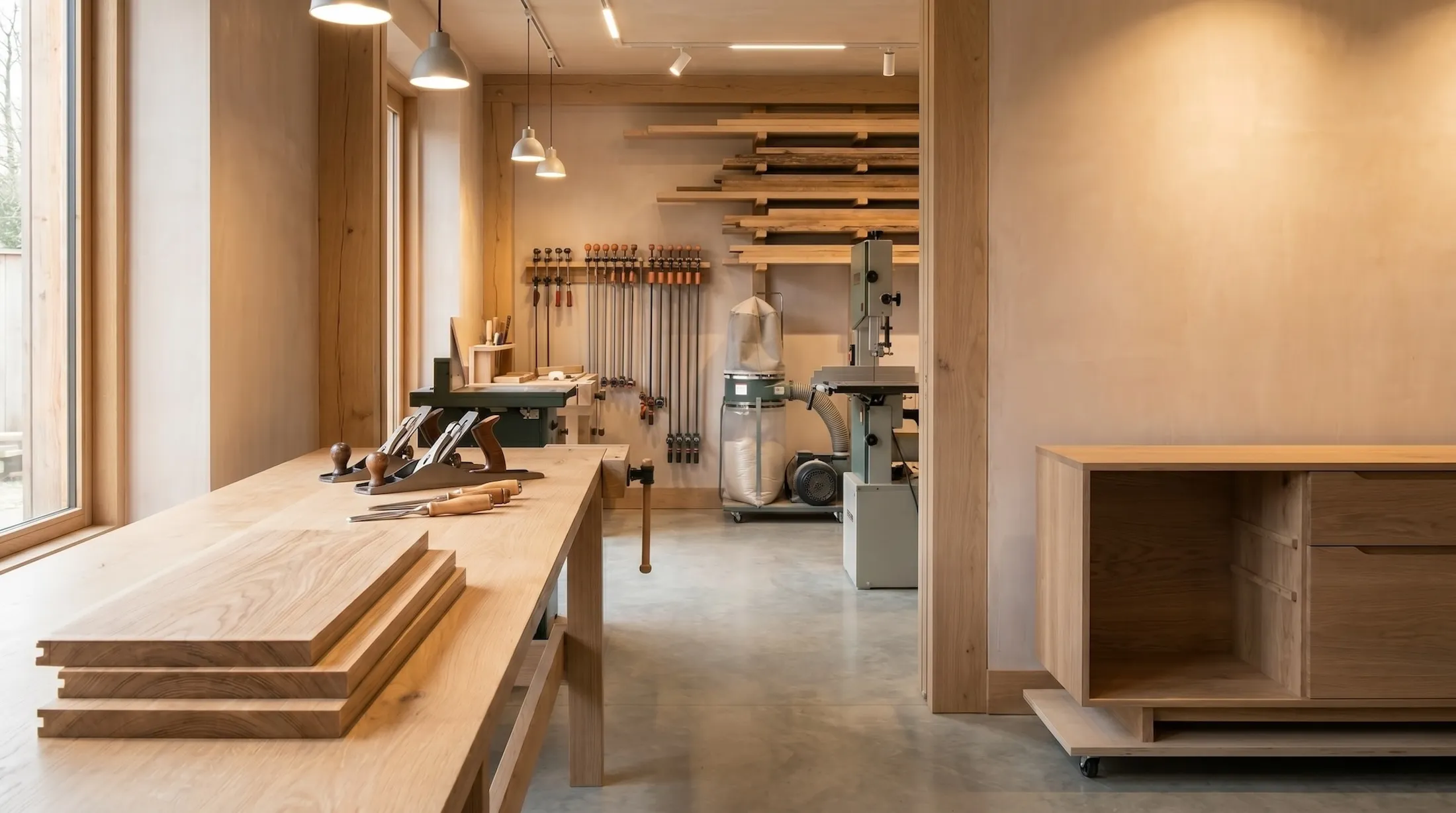Quiet furniture studio with oak boards, finished cabinet, natural light, and calm workshop atmosphere
